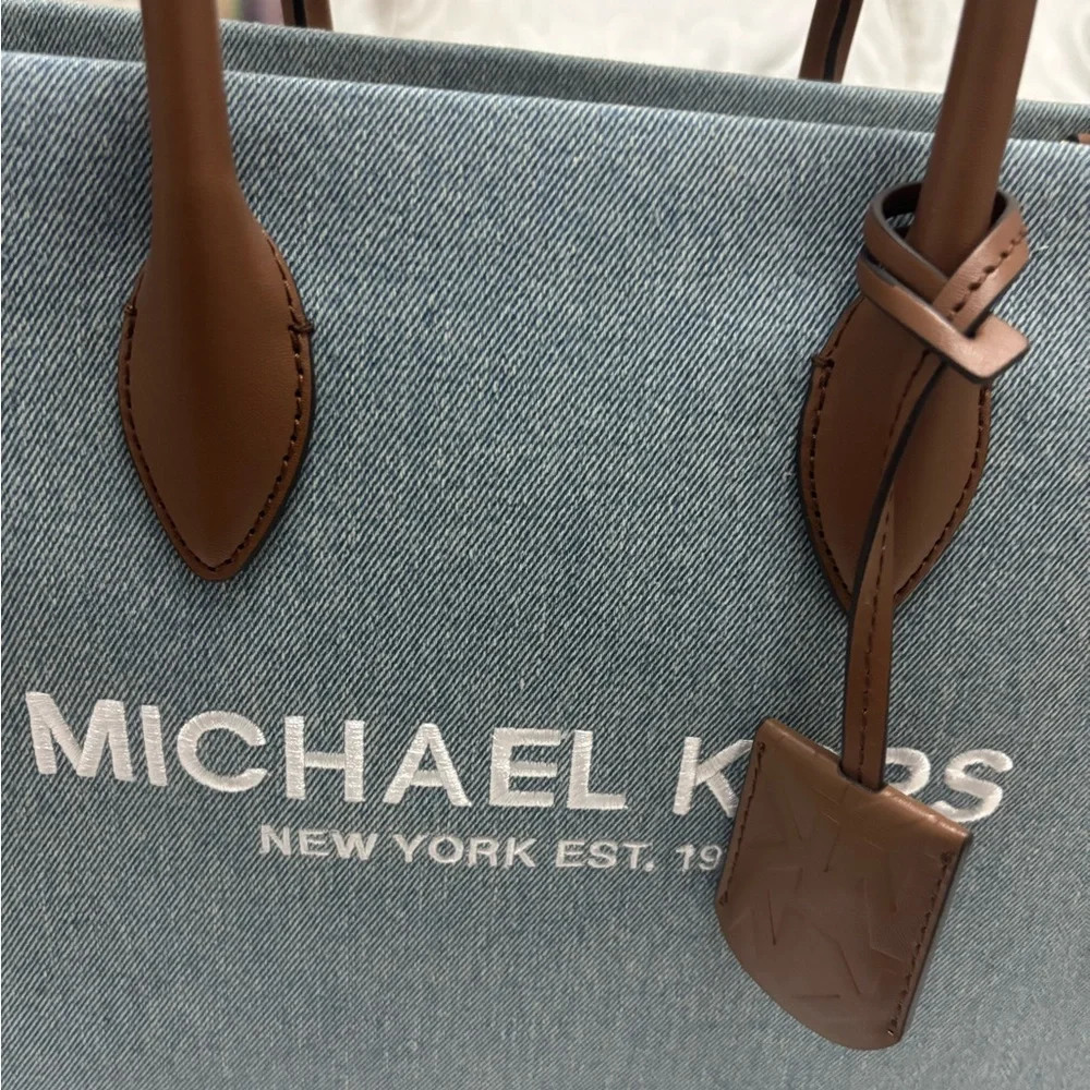 NWT Michael Kors Mirella Denim Blue Tote with Tan Leather Accents - Picture 7 of 11